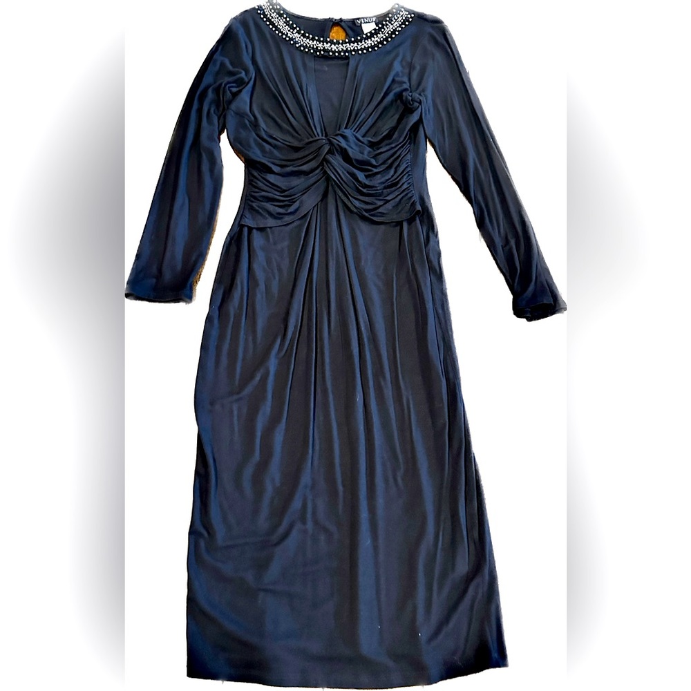 Embellished Plunging Black Beaded Midi Dress Venus Size M